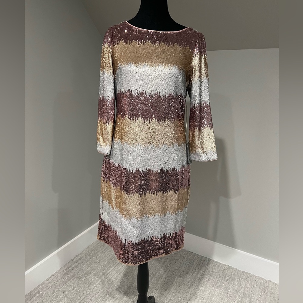 NWT Eliza J Gold, Pink and Silver Sequin 3/4 Sleeve Dress Size 6